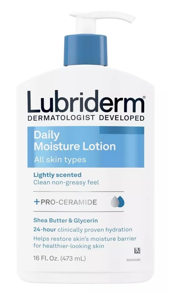 Lubriderm front 16 oz bottle showing label and benefits for daily hydration