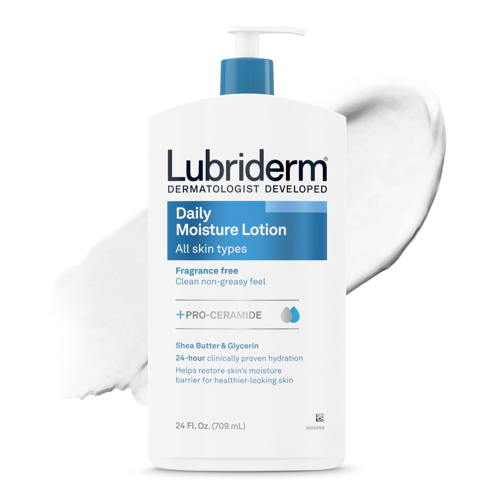 Lubriderm front bottle showing unscented lotion and brand benefit