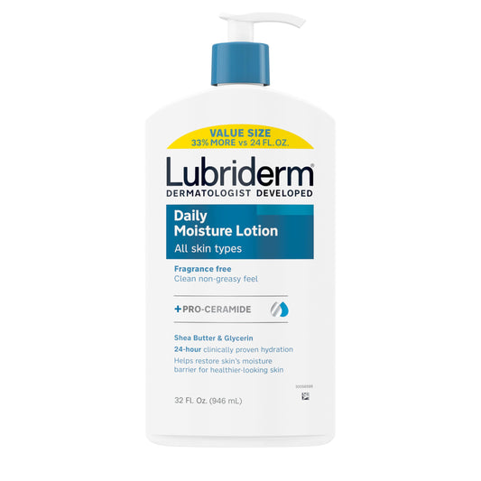 Lubriderm front packaging 32oz showing value-size and benefits