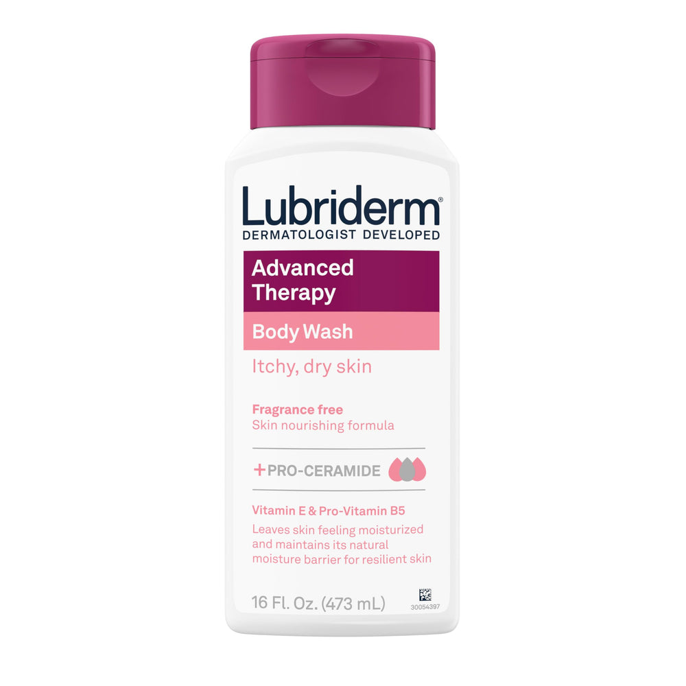 Lubriderm front packaging showing unscented body wash for gentle cleansing