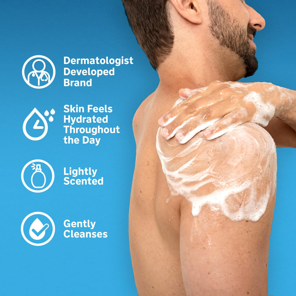 Lubriderm applied to hand near face illustrating gentle cleansing