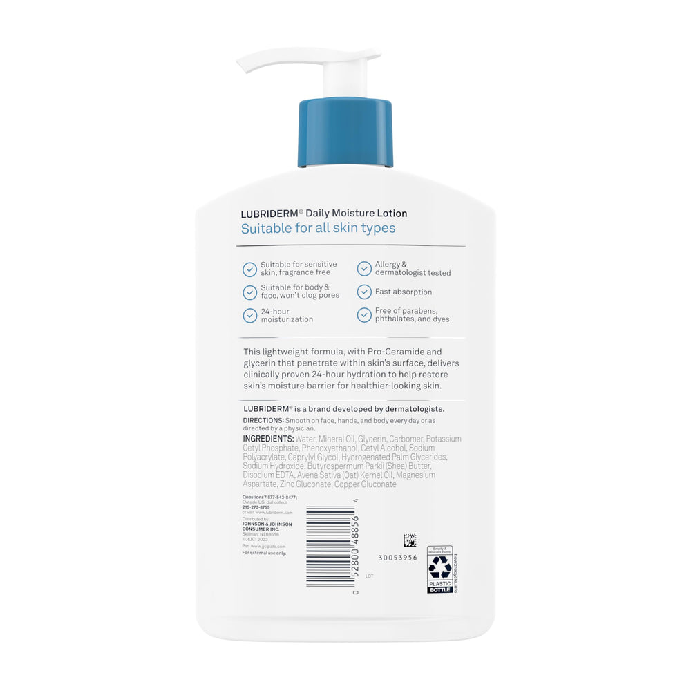 Lubriderm lifestyle on bathroom shelf showing daily routine compatibility benefit