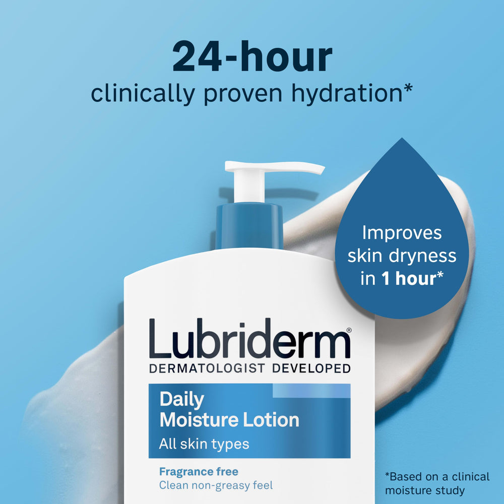 Lubriderm pump pouring lotion showing smooth texture and quick absorption