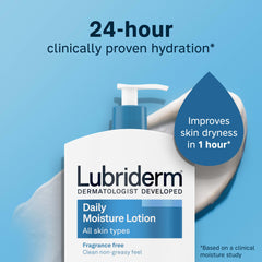 Lubriderm pump pouring lotion showing smooth texture and quick absorption