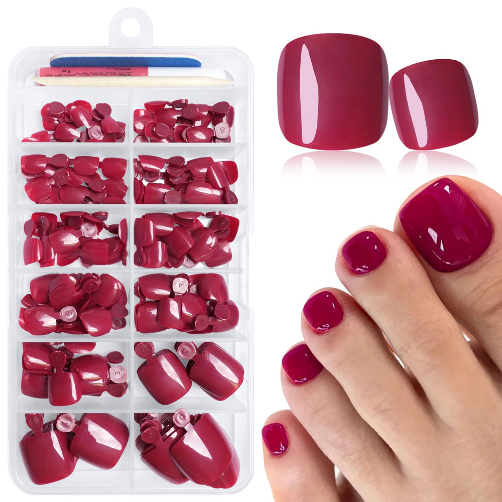 LuckForever front packaging showing berry press-on toenails and benefits