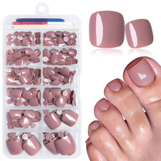 LuckForever front packaging showing coffee brown press-on toenails, neat travel-ready kit