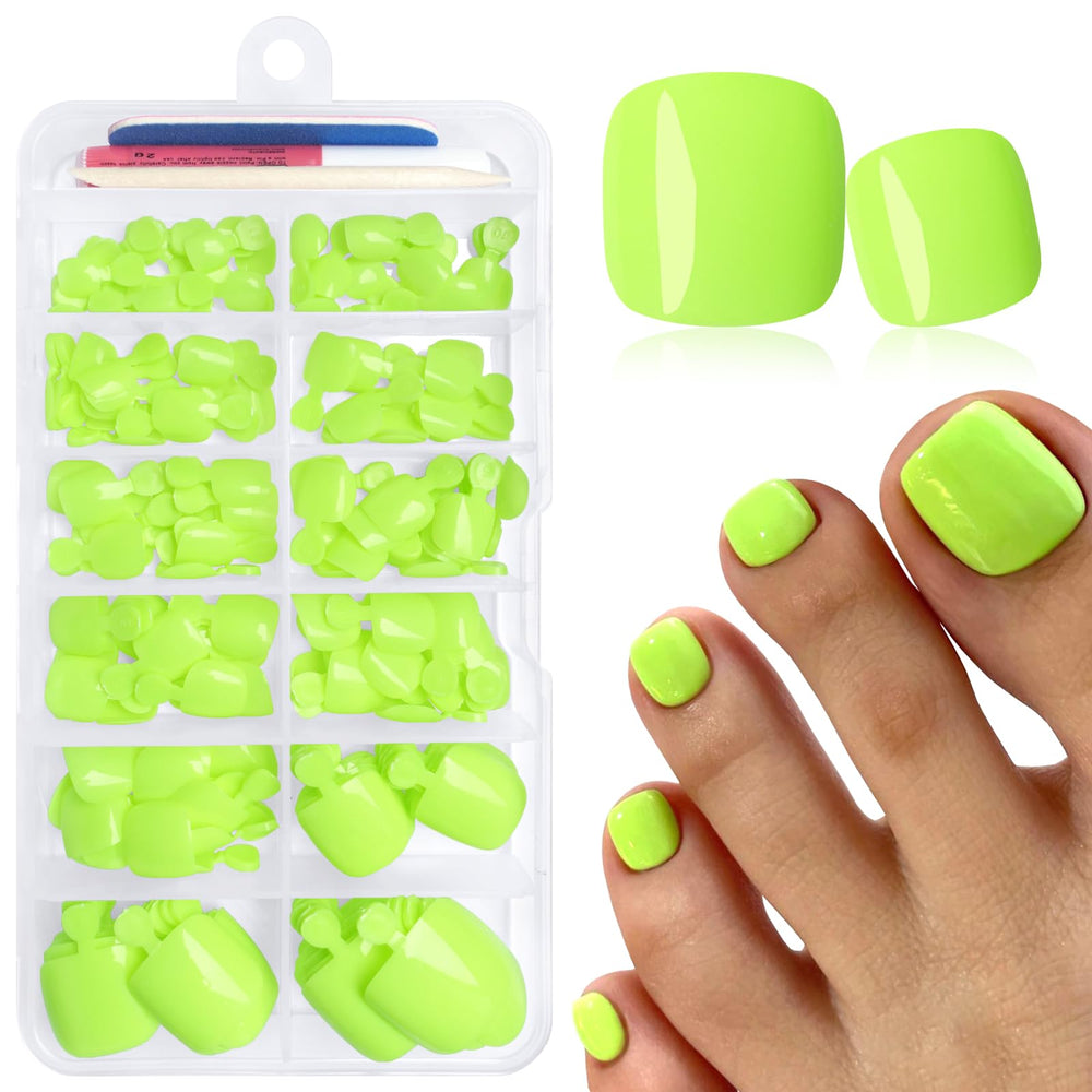 LuckForever front packaging showing neon green press-on toenails and tools for instant pedicure