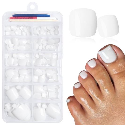 LuckForever front packaging showing white press-on toenails and accessories for quick pedicures