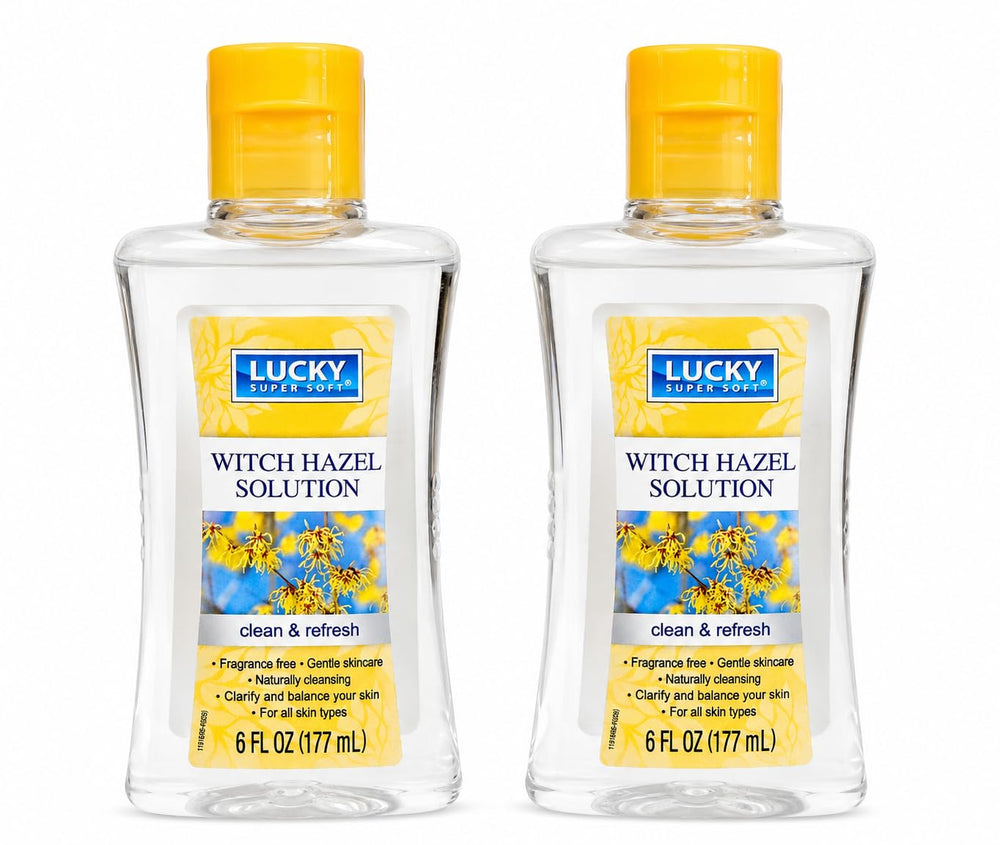 LUCKY SUPER SOFT front bottle showing clear witch hazel solution, convenient daily refresher