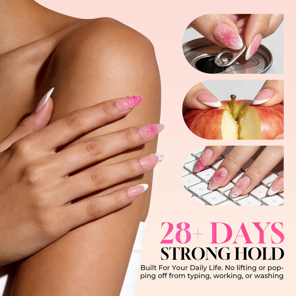 Luckyfairy being applied to a nail tip demonstrating easy squeeze-tube control and pea-sized drop