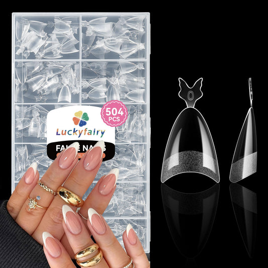 Luckyfairy front packaging of 504 almond tips showing quantity and clear finish benefit