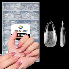 Luckyfairy front packaging showing 240 almond nail tips and benefits