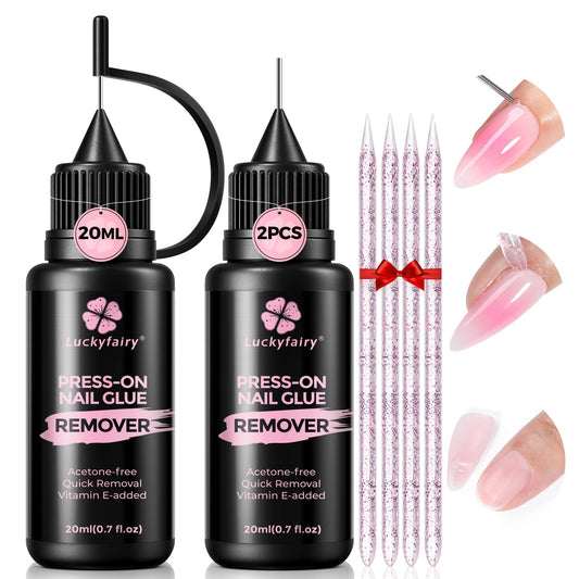 Luckyfairy front packaging showing two 20ml bottles and included tools, easy storage benefit