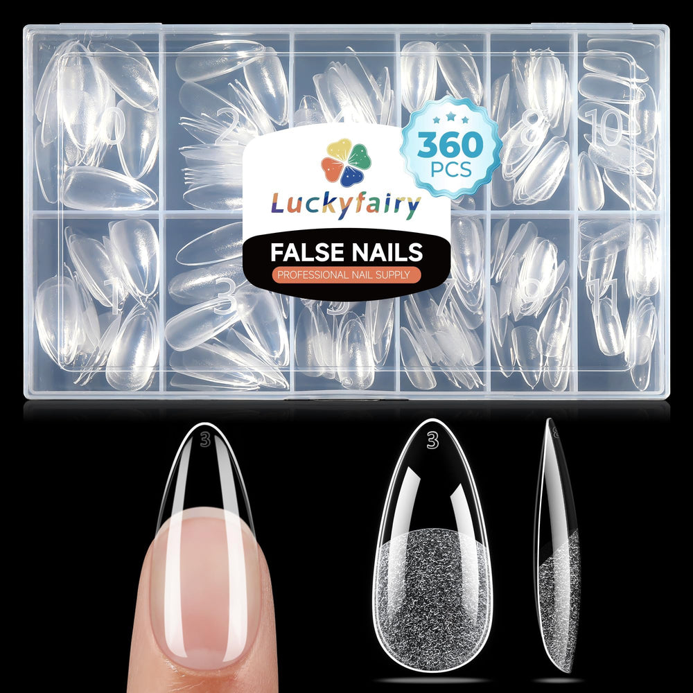 Luckyfairy front packaging showing 360 medium almond tips, clear presentation and value