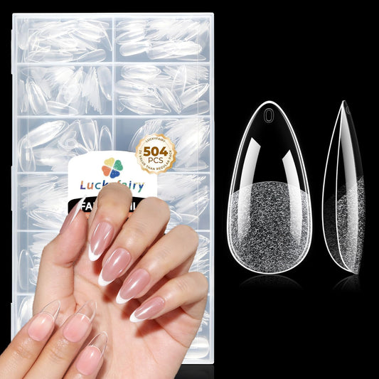 Luckyfairy front packaging showing 504-piece almond tips and convenience