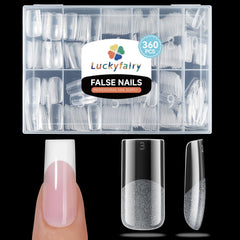 Luckyfairy front packaging showing 360 medium square gel tips neatly organized and ready