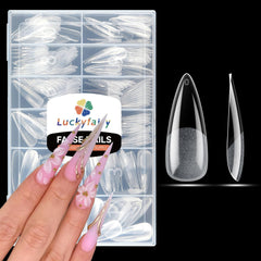 Luckyfairy front packaging showing 240-piece stiletto tips and convenient tray