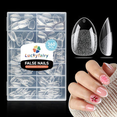 Luckyfairy front packaging showing 360-piece almond tips and organized box for convenience