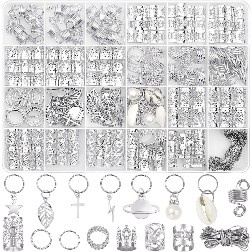 Lucomb front packaging showing 259-piece silver hair jewelry kit and organization benefit