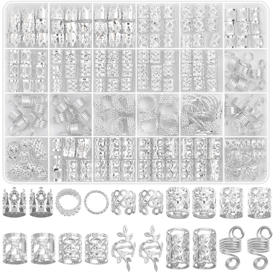 Lucomb front packaging showing the 220-piece silver hair jewelry kit and benefits