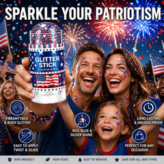 Lulesi applied on face creating patriotic makeup with long-lasting sparkle benefit