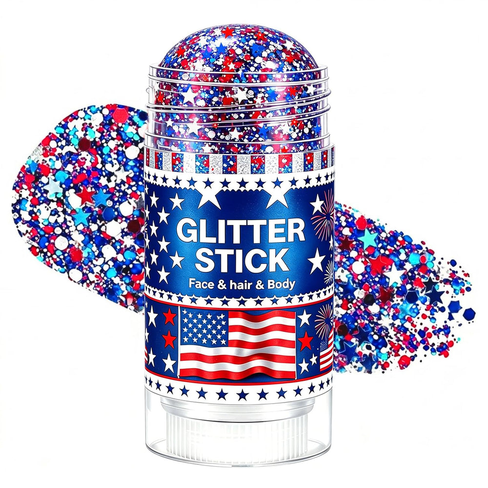 Lulesi front packaging showing red white blue glitter stick and easy-use benefit