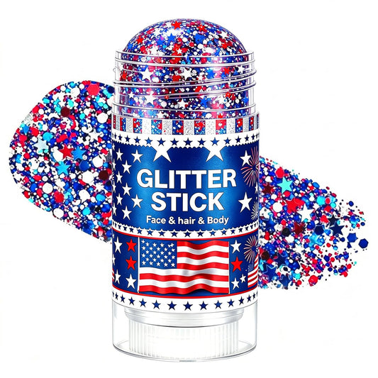 Lulesi front packaging showing red white blue glitter stick and easy-use benefit