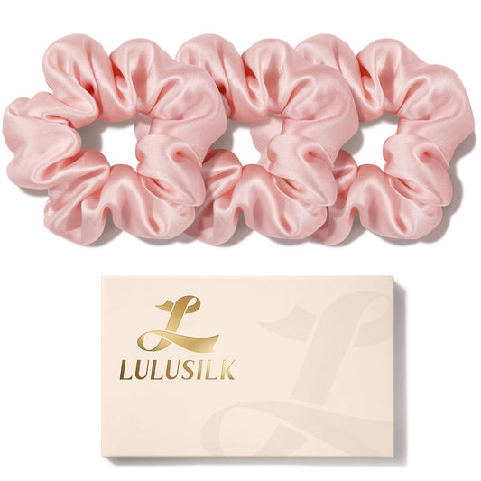 LULUSILK front packaging in lotus pink showing elegant silk scrunchies benefit: luxurious look