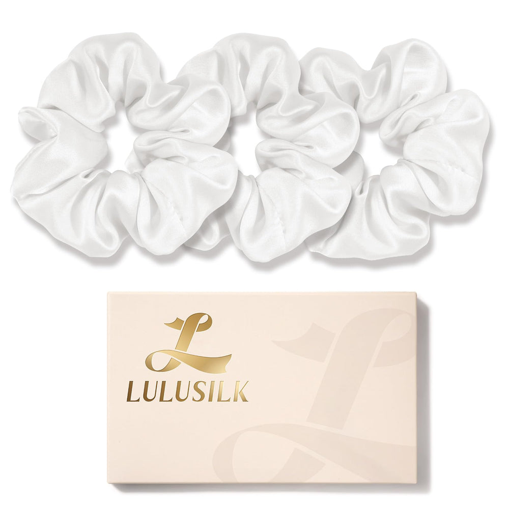 LULUSILK front packaging showing three white silk scrunchies and neat presentation benefiting gift-ready appeal