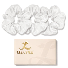 LULUSILK front packaging showing three white silk scrunchies and neat presentation benefiting gift-ready appeal