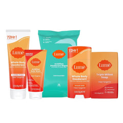 Lume pack front view showing clean tangerine scent and contents benefit freshness