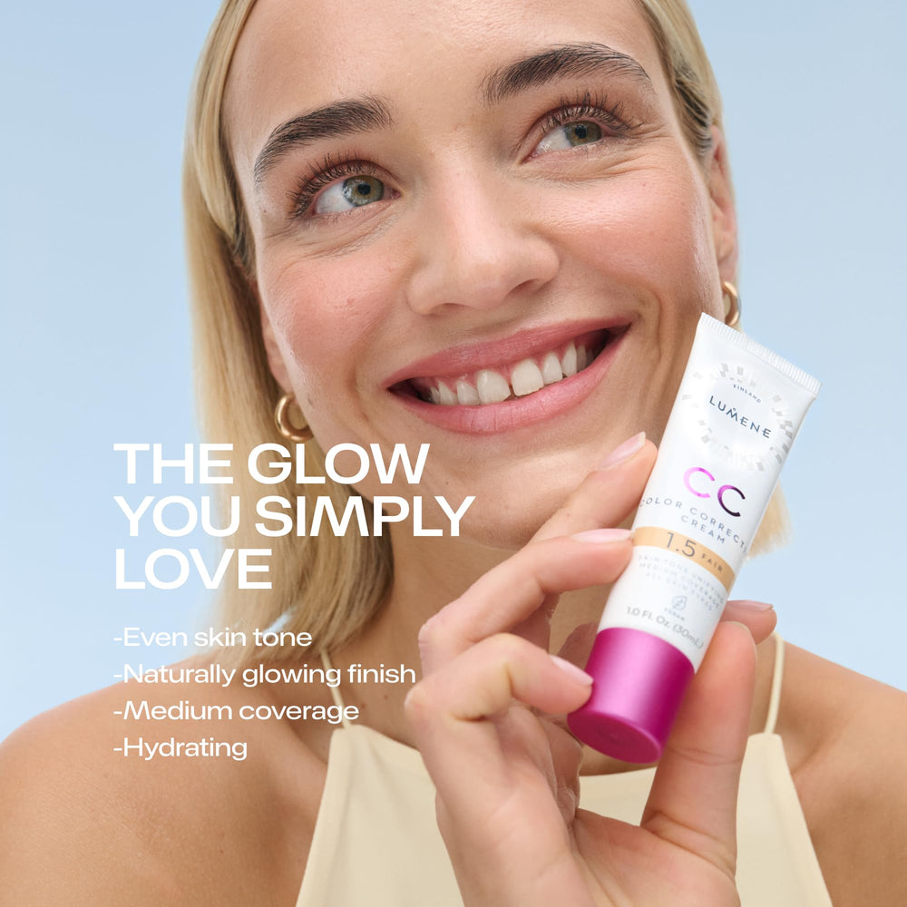 Lumene CC Cream beside common items showing 1 fl oz size and travel-friendly benefit