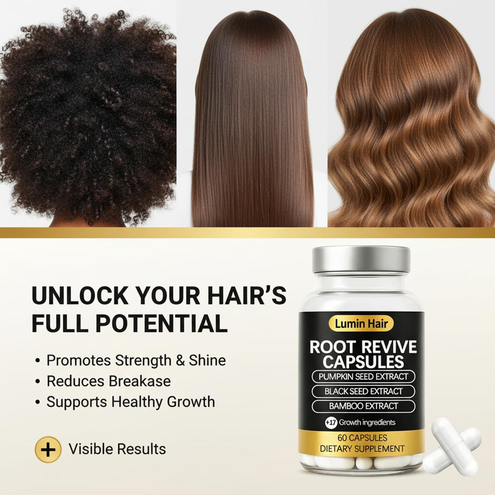 Lumin Hair ingredient display with biotin black seed bamboo visuals