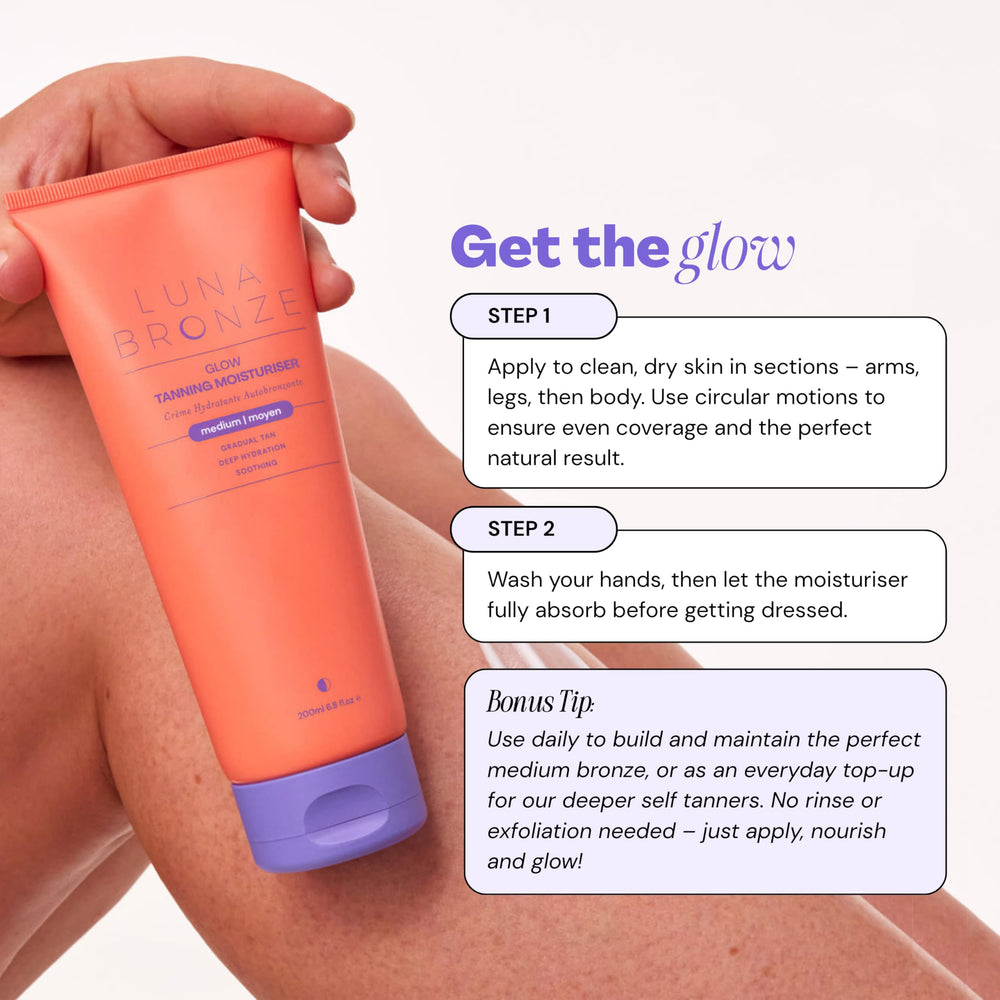Luna Bronze bottle next to hand showing product size and portability