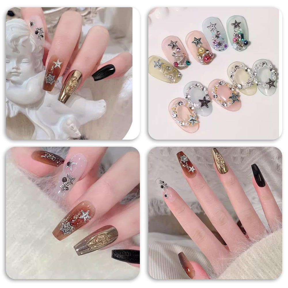 Lusofie silver star charms attached to acrylic tip showing salon-ready finish