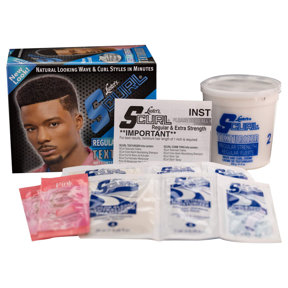 Luster's SCurl bottle beside a ruler showing compact size and travel-friendly benefit