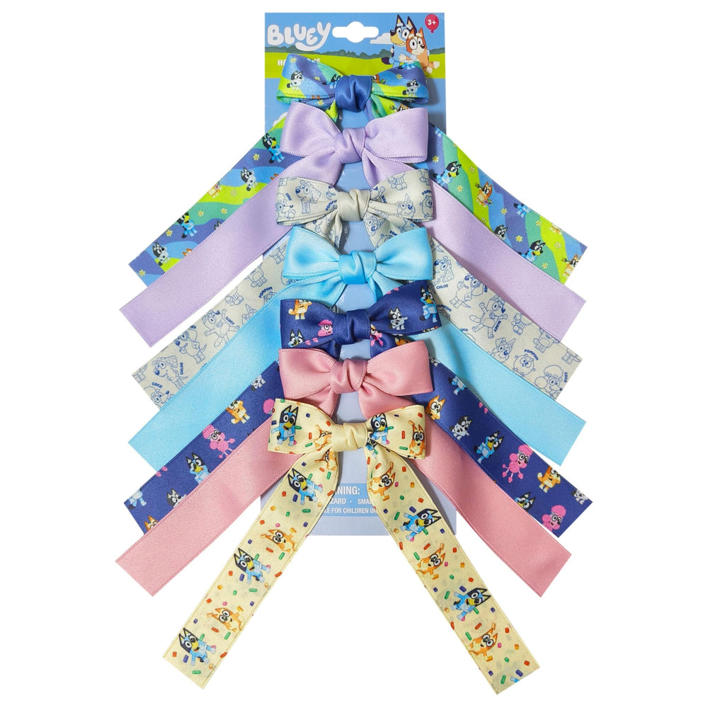LUV HER front view of seven Bluey bows showcasing variety and playful style