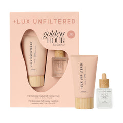 Lux Unfiltered mini golden hour set front box shows travel-ready tanning duo
