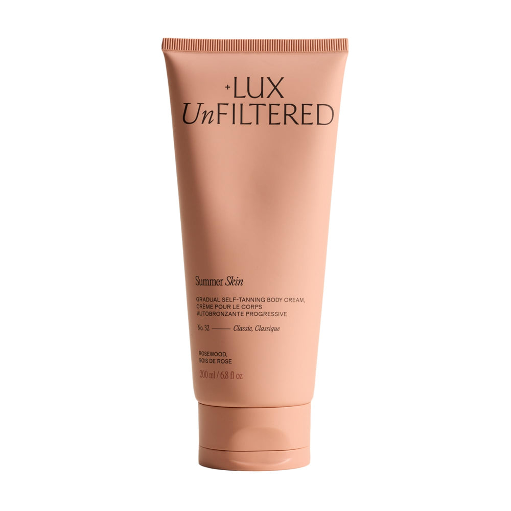 Lux Unfiltered front bottle showing product and branding, highlights natural glow
