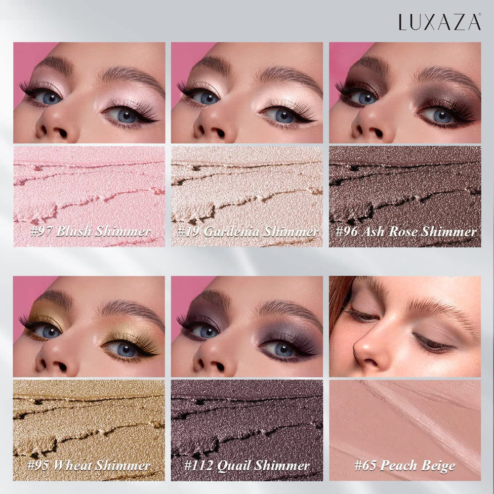 LUXAZA sticks arranged open to show metallic and matte tips, quick application benefit