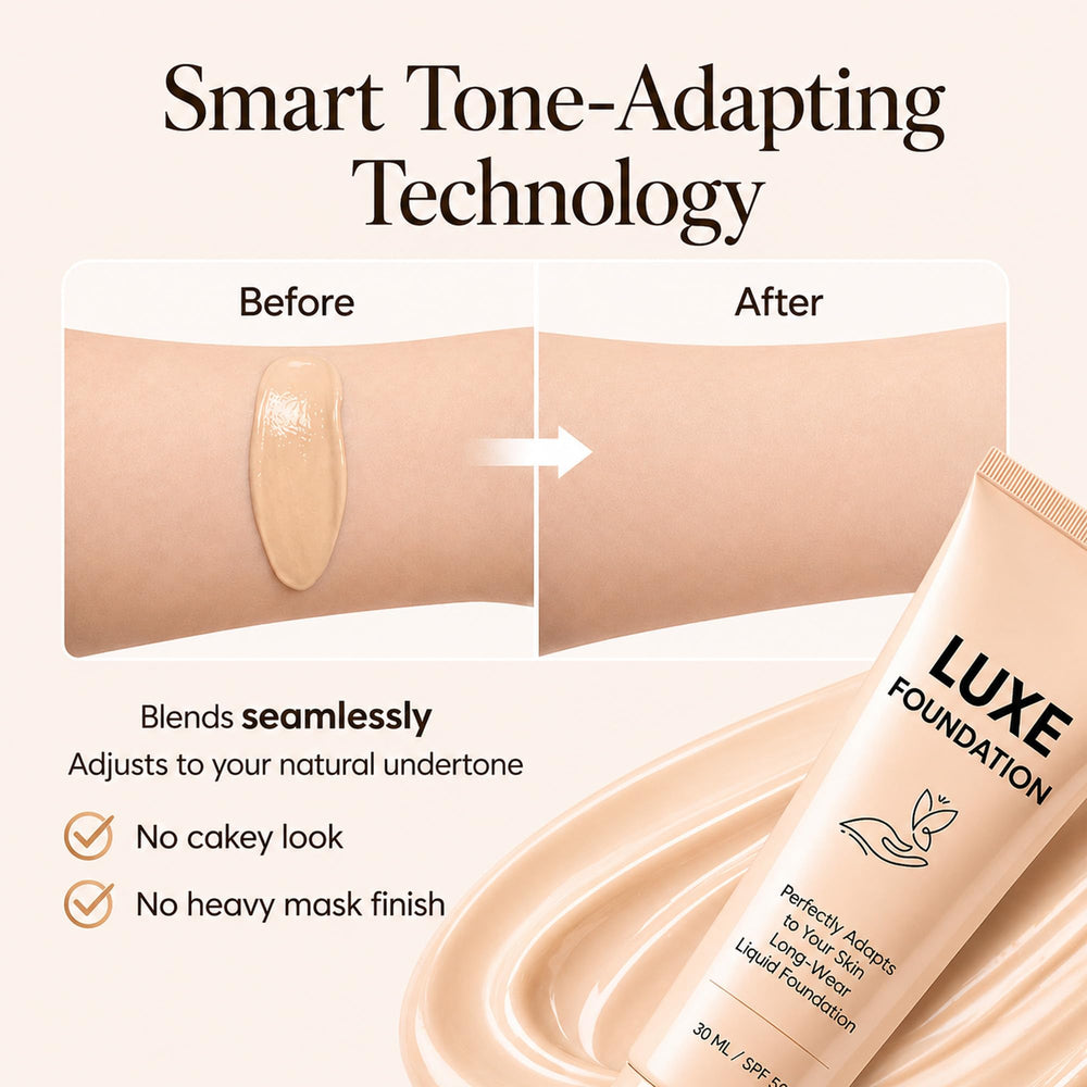 LUXE FOUNDATION being blended with a sponge highlighting seamless coverage