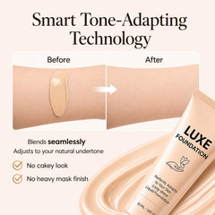 LUXE FOUNDATION being blended with a sponge highlighting seamless coverage