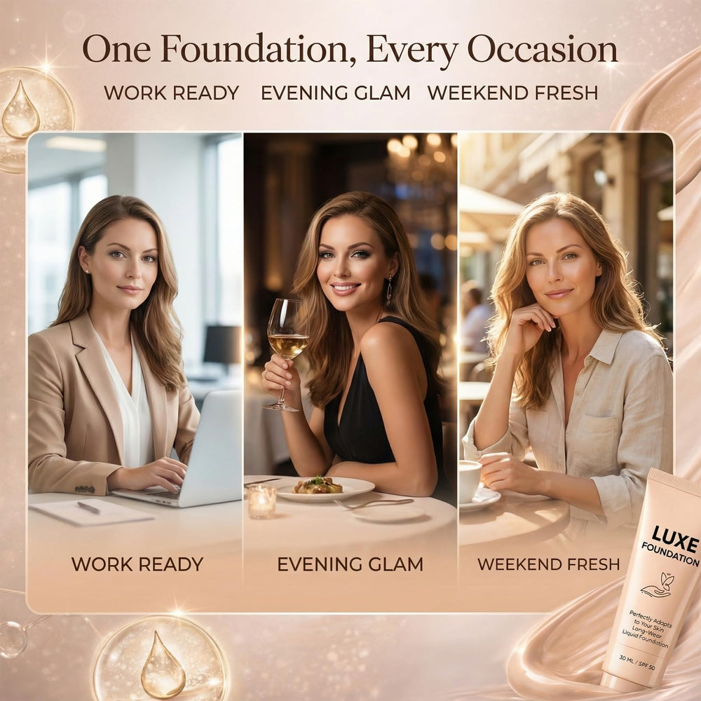 LUXE FOUNDATION worn outdoors showing natural matte finish and sun protection benefit
