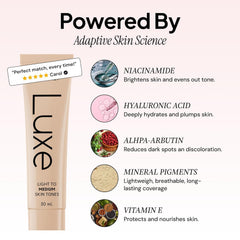 LUXE swatch on arm showing color transition and natural match benefit