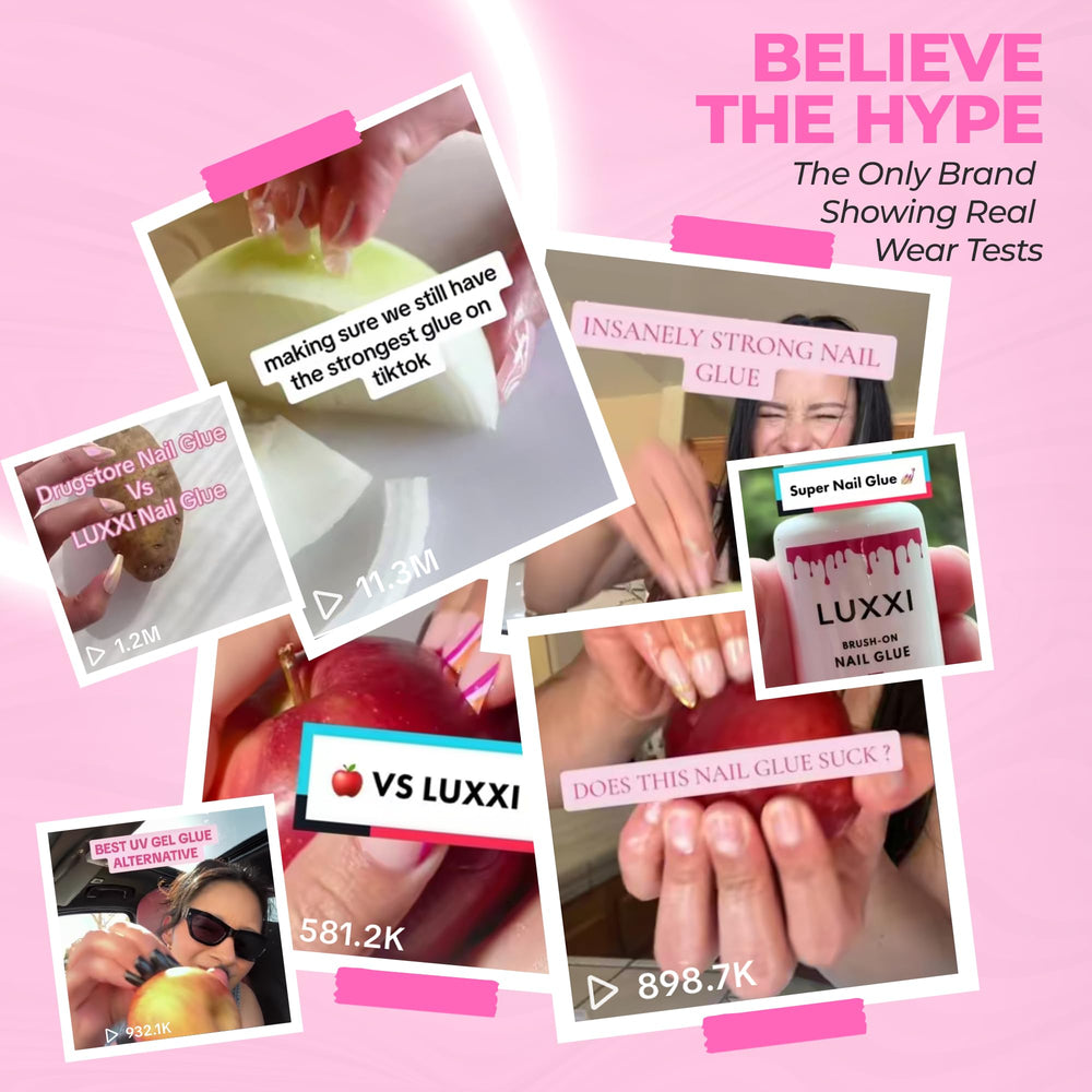 LUXXI used to apply press-on nail demonstrating fast air-dry convenience