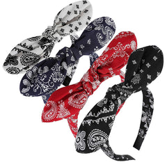 Lvyeer front view of four paisley bow headbands showing colors and pattern, easy styling benefit
