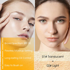 LYBHDAFA on-face application demonstrating brush-on SPF and makeup-setting benefit
