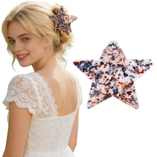 LYLYNB front view of star claw clips showing patriotic colors and glitter benefit: festive accent