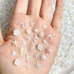 LYLYNB front packaging showing 50-piece seashell nail charms and benefits