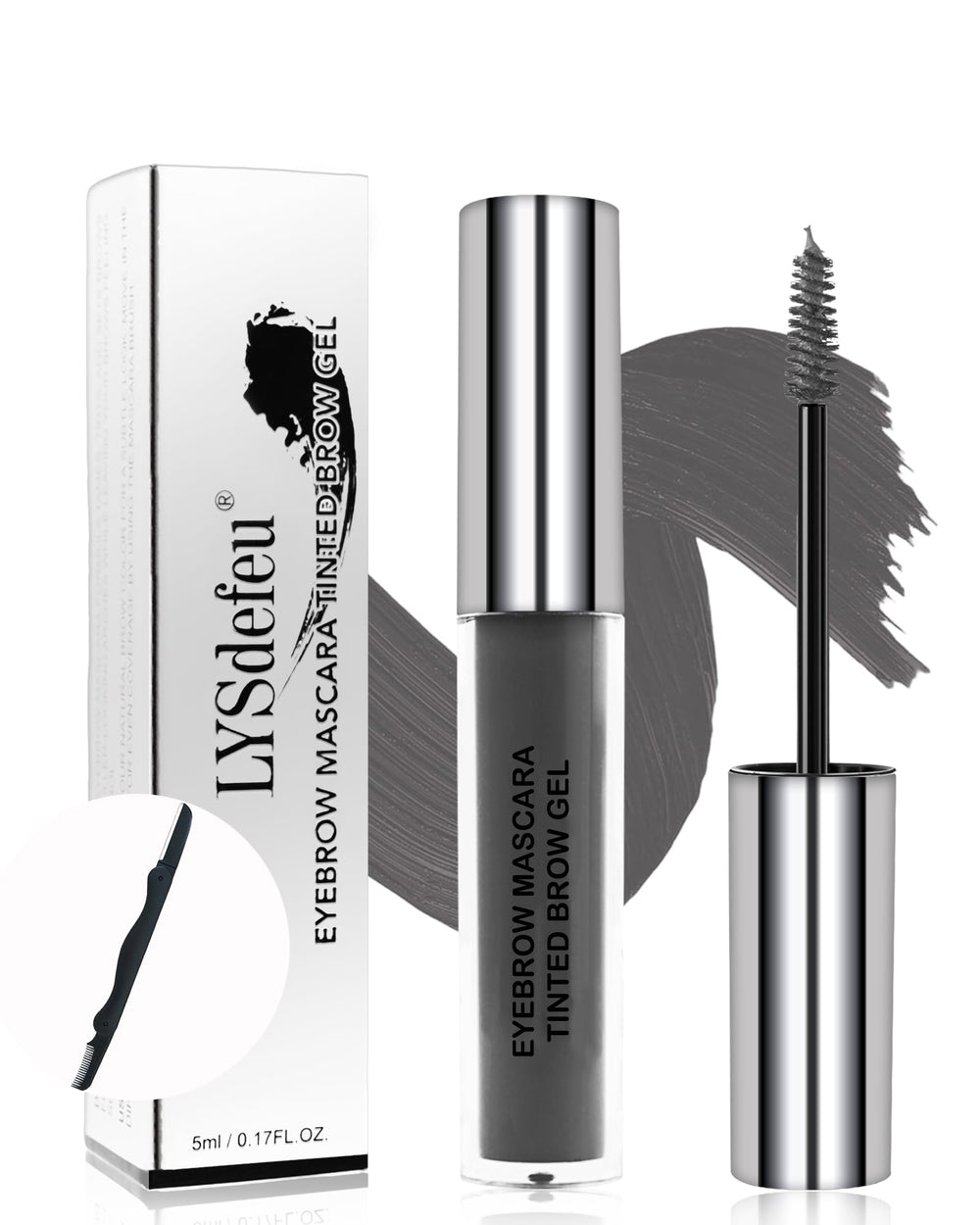LYSdefeu front packaging showing dark-grey brow gel and benefits